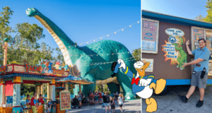 Donald Duck greets guests with a hat tip next to a towering dinosaur statue in DinoLand U.S.A. at Disney's Animal Kingdom, while a colorful pin trading truck and another park visitor add to the festive atmosphere of this lively outdoor fair.
