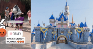 Excited children greet Mickey Mouse at Disneyland, with the iconic Sleeping Beauty Castle glowing in daytime sunlight nearby. The scene captures the excitement and wonder that make character meet-and-greets a hallmark of Disney parks, while ongoing conversations around character representation underscore the ongoing commitment to inclusivity and magic for all guests.