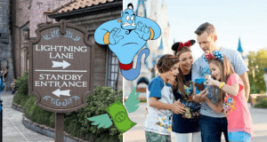 A family at Walt Disney World checks their phones near the Lightning Lane and Standby Entrance signs, chatting about Disney Genie+ pricing as they strategize which iconic attractions to enjoy next, determined to maximize their magical Disney day.