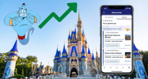 Disney Genie icon, upward arrow, iconic Disney castle, and a smartphone displaying the Disney Genie app interface signify increasing guest demand at Disney parks and highlight the recent price hike for the Disney Genie+ Lightning Lane service.
