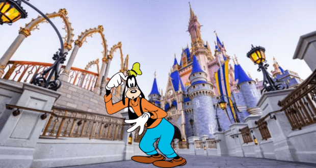 Goofy strikes a playful pose in front of Cinderella Castle, its blue and gold spires gleaming, perfectly embodying the whimsical charm and sometimes bewildering enchantment of a Disney vacation.