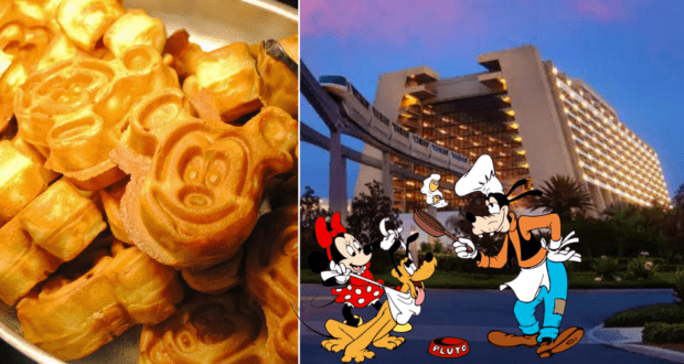 Mickey-shaped waffles and beloved Disney characters greet guests in front of a resort hotel as the sun rises, capturing the magical atmosphere of an early morning breakfast at Disney World.