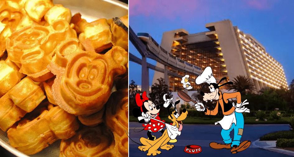Mickey-shaped waffles and beloved Disney characters greet guests in front of a resort hotel as the sun rises, capturing the magical atmosphere of an early morning breakfast at Disney World.
