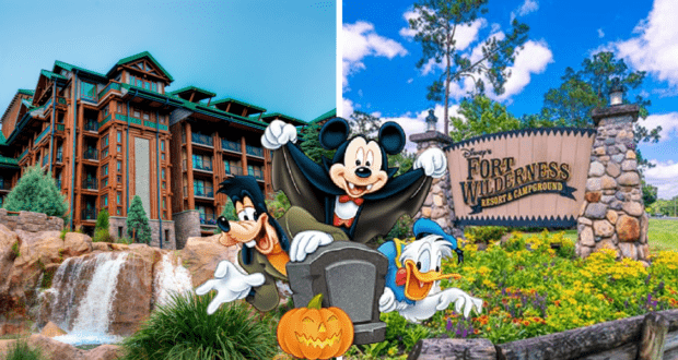 Mickey, Goofy, and Donald pose with a festive pumpkin in front of the rustic Fort Wilderness Resort sign, joining guests in Halloween fun at Walt Disney World’s magical resorts.