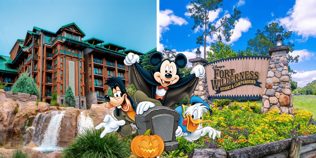 Mickey, Goofy, and Donald pose with a festive pumpkin in front of the rustic Fort Wilderness Resort sign, joining guests in Halloween fun at Walt Disney World’s magical resorts.