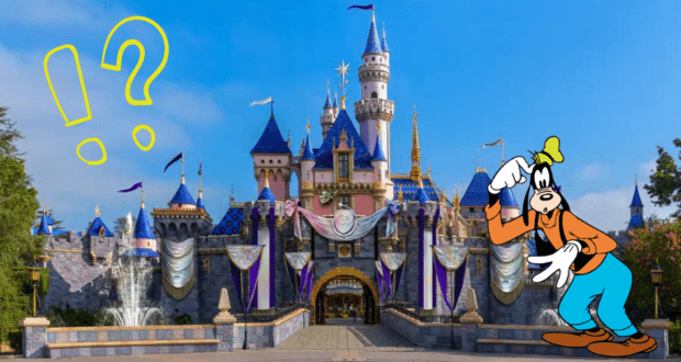 Goofy strikes a playful pose in front of Disneyland’s enchanting castle, with bold exclamation and question marks adding excitement. The scene beckons fans to experience the magic that awaits with Disneyland Tickets.