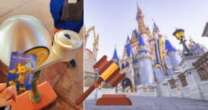 A Disney World guest taps their MagicBand at the entrance near Cinderella Castle, with a gavel emoji layered on top—teasing the buzz around the Disney Annual Passholder Lawsuit.