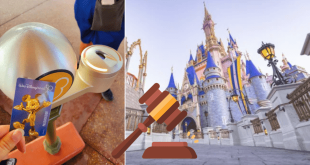 A Disney World guest taps their MagicBand at the entrance near Cinderella Castle, with a gavel emoji layered on top—teasing the buzz around the Disney Annual Passholder Lawsuit.