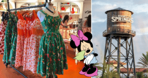 Vibrant Dress Shop Disney collection dresses showcased alongside a dozing Minnie Mouse, with the iconic Disney Springs water tower standing tall beneath a bright blue sky.