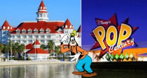 Goofy poses cheerfully between the signs for Disney's Grand Floridian Resort and Pop Century Resort at Walt Disney World, playfully hinting to guests about possible resort fees during their magical vacation.