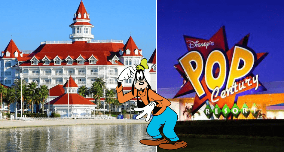 Goofy poses cheerfully between the signs for Disney's Grand Floridian Resort and Pop Century Resort at Walt Disney World, playfully hinting to guests about possible resort fees during their magical vacation.
