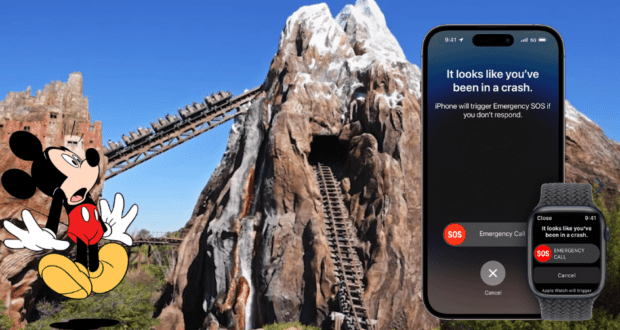Mickey Mouse at Disney World stands by a thrilling rollercoaster, holding an iPhone and wearing a watch, both flashing SOS crash detection alerts, demonstrating how iPhone Crash Detection can enhance guest safety in the park.