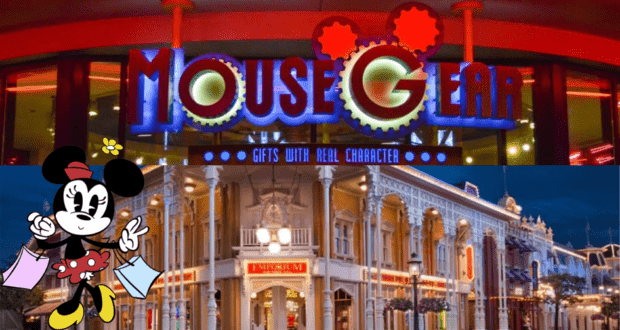 At Disney World, Minnie Mouse greets guests outside Mouse Gear and Emporium, holding shopping bags and inviting fans to explore a vibrant selection of Disney merchandise perfect for park visitors of all ages.