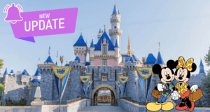 The iconic Disney castle adorned with a "New Update" banner, as Mickey and Minnie Mouse greet guests out front, showcasing the latest enhancements to Disneyland’s theme park reservation system.