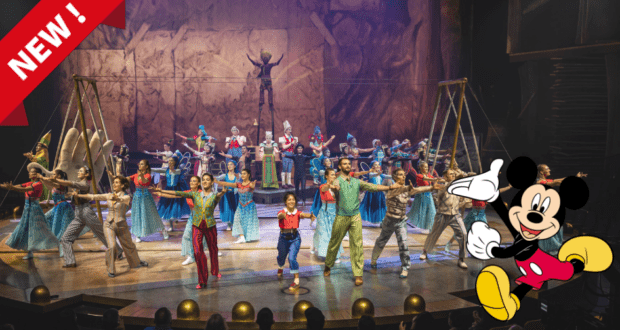 Drawn to Life Cirque du Soleil performers in vibrant costumes pose together on stage, with Mickey Mouse adding Disney magic in one corner and a bright "NEW!" banner highlighting the latest show.