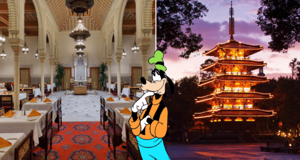 Goofy greets guests between the elegant World Showcase Restaurant and the illuminated Japanese pagoda in Epcot at sunset.