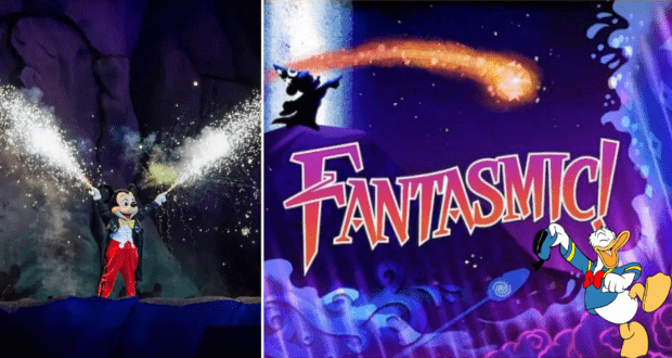 Mickey Mouse lights up the night with sparks during the dazzling "Fantasmic!" show; the title displays a magical sorcerer silhouette and a cheerful Donald Duck waving to fans.