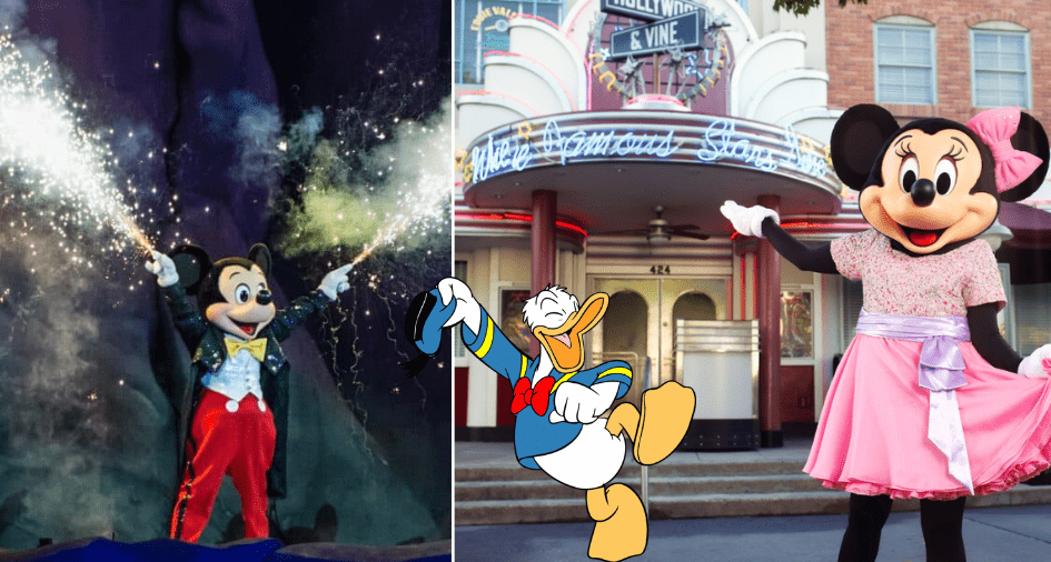 Mickey Mouse entertains with a dazzling fireworks display, Minnie Mouse poses outside welcoming guests, and Donald Duck cheerfully waves in front of a themed diner, all showcasing the enchanting experience of the Fantasmic Dining Package at Disney World.