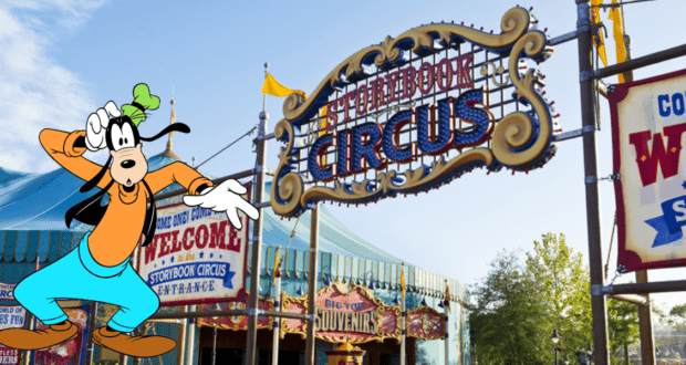 Goofy strikes playful poses in front of the Storybook Circus entrance at Walt Disney World, surrounded by vibrant circus decor that brings Disney magic and entertainment to life.
