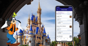 Goofy poses in front of a Disney castle, holding up a smartphone that shows the Disney Genie+ app interface, ready for a magical day at the park.