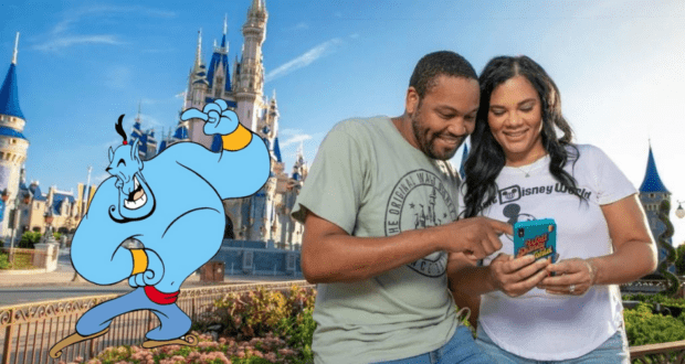 A couple smiles at their phone in front of Cinderella Castle with the Disney Genie+ mascot joining them at Magic Kingdom.