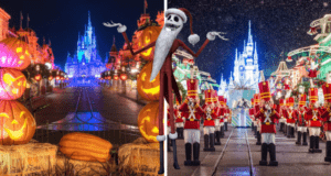 Left: Jack Skellington stands among glowing Halloween pumpkins, setting a spooky scene on Main Street in Disneyland. Right: Toy soldiers march past sparkling holiday lights and falling snow near Sleeping Beauty Castle, capturing the festive spirit of a Disney Parks Christmas celebration.