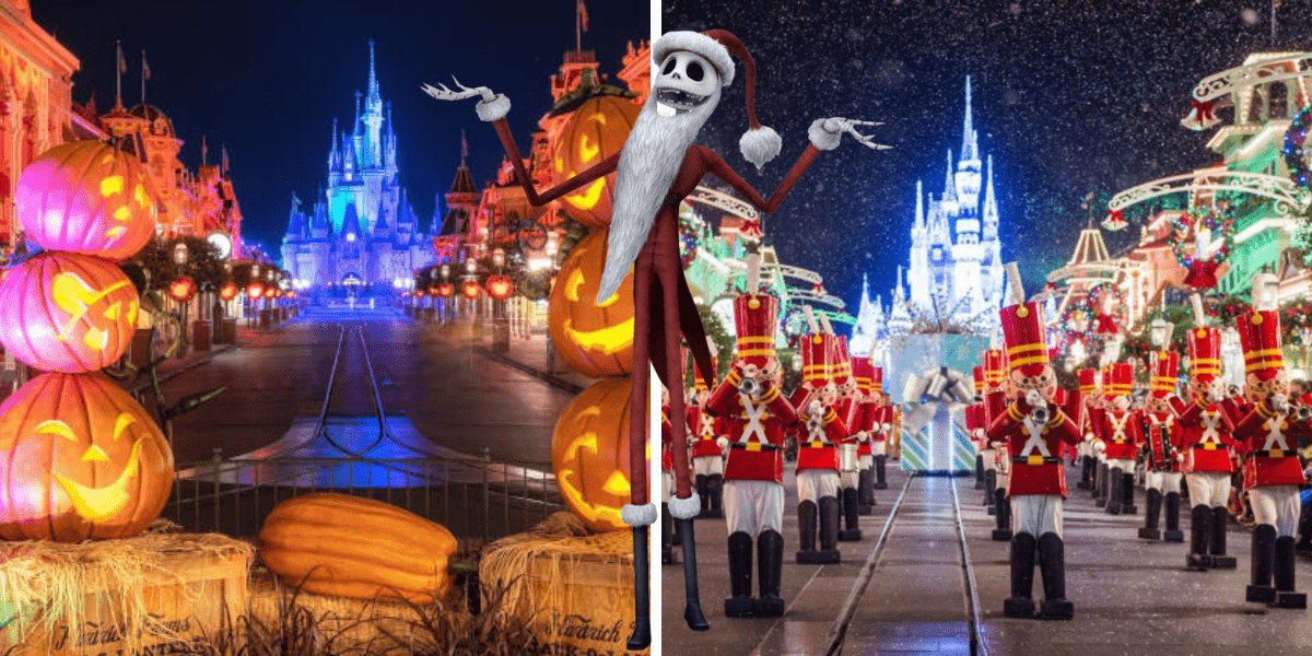 Left: Jack Skellington stands among glowing Halloween pumpkins, setting a spooky scene on Main Street in Disneyland. Right: Toy soldiers march past sparkling holiday lights and falling snow near Sleeping Beauty Castle, capturing the festive spirit of a Disney Parks Christmas celebration.