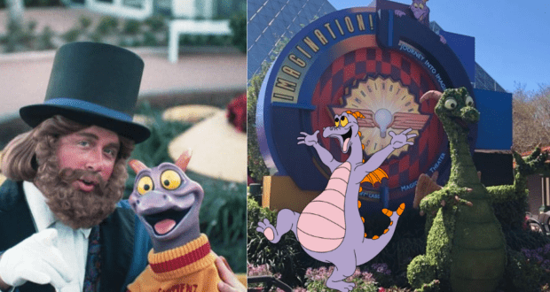 Figment delights fans near the Imagination! ride sign at EPCOT, appearing with his dragon puppet, playful cartoon companions, and whimsical dragon statues—capturing the ride’s signature magic and spirit.