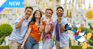 Four happy guests proudly display their MagicBand+ wristbands at Disneyland, with Donald Duck joining the fun and a "NEW" badge highlighting the latest experience.