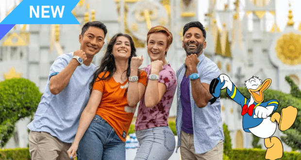 Four happy guests proudly display their MagicBand+ wristbands at Disneyland, with Donald Duck joining the fun and a "NEW" badge highlighting the latest experience.