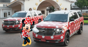 Minnie Vans decorated with red and white polka dots parked at Walt Disney World, with Minnie Mouse posing proudly in front.