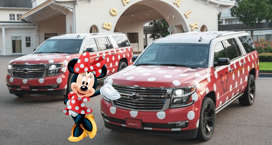 Minnie Vans decorated with red and white polka dots parked at Walt Disney World, with Minnie Mouse posing proudly in front.