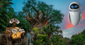 WALL-E and EVE explore a vibrant jungle filled with lush greenery, a towering tree, and a breathtaking sunset sky, evoking the magical atmosphere of Disney’s Animal Kingdom as if they’ve come to life in this adventurous park setting.