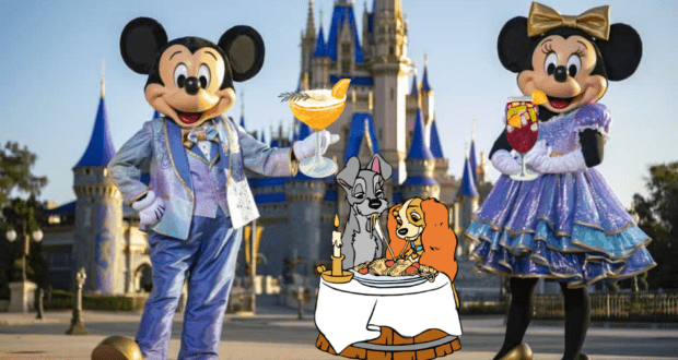 Mickey and Minnie greet guests in front of the iconic Disney castle, while Lady and the Tramp enjoy drinks together at Tony's Town Square Restaurant, savoring signature cocktails in a magical Disney dining experience.