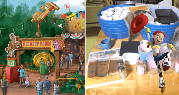 Left: Whimsical Toy Story-themed BBQ artwork capturing the spirit of Roundup Rodeo BBQ at Disney’s Hollywood Studios. Right: Festive table set with party supplies, featuring Jessie from Toy Story prominently displayed.