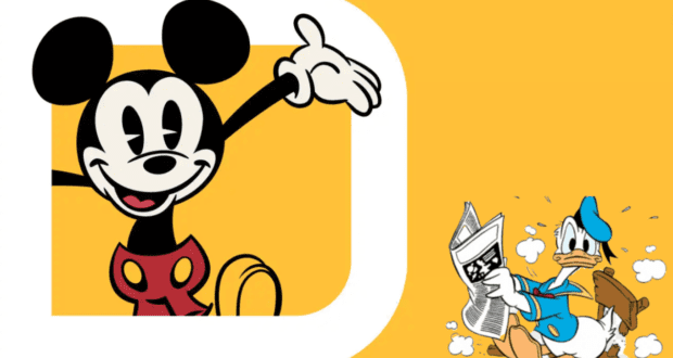 Mickey Mouse enthusiastically waves as Donald Duck races by with a newspaper, both energized to discover the new annual passholder popcorn bucket on display against a vibrant yellow backdrop at Disney World.