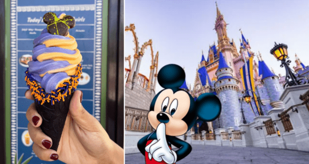A vibrant purple and yellow Trick or Treat Cone ice cream is held up at Disney World, with Mickey Mouse posing nearby and Cinderella Castle in the background, capturing a magical theme park moment.