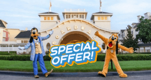 Goofy and Pluto smile together in front of a lively boardwalk building at Walt Disney World, with a flashy "Special Offer!" sign promoting an exciting vacation package exclusively for Disney fans.