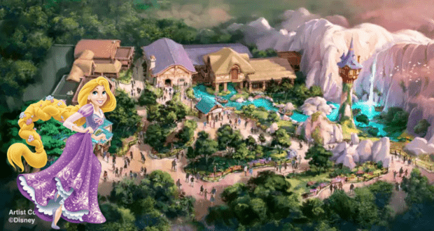 Rapunzel greets fans at Tokyo Disney’s Tangled area, with her iconic tower rising above enchanting fantasy buildings, cascading waterfalls, and bustling park guests enjoying the magical atmosphere.