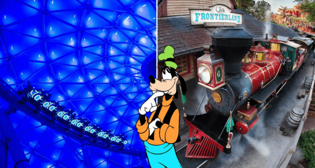 Goofy poses for fans between the futuristic blue glow of the TRON Lightcycle / Run attraction and the iconic Walt Disney World Railroad steam train, capturing a magical moment at Magic Kingdom.