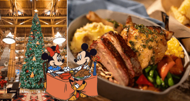 A towering Christmas tree glows in the heart of Disney World, where a holiday feast inspired by the famous Whispering Canyon Cafe Thanksgiving is served. Mickey and Minnie Mouse savor their festive dinner together, surrounded by magical seasonal décor and the joyful atmosphere unique to the parks.