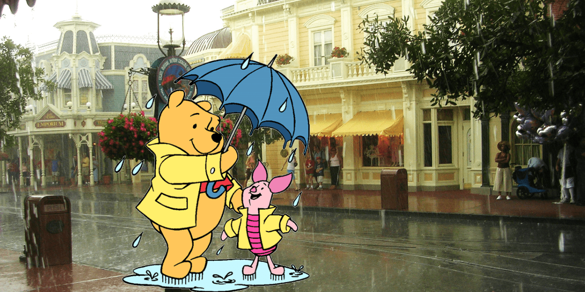 Winnie the Pooh and Piglet, dressed in raincoats, share an umbrella as they stroll down a rainy street with gentle thunderstorms, surrounded by the enchanting Disney World-inspired buildings in the background.