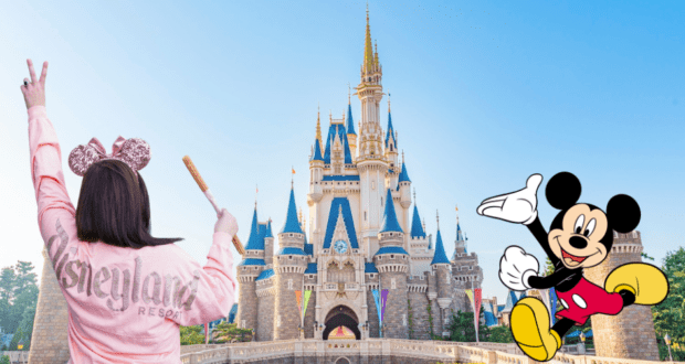 Mickey Mouse fans enjoy a magical moment at Disneyland, sporting classic Mickey ears and savoring a treat from a Tokyo Disney Churro Package in front of the iconic castle, with a cheerful Mickey Mouse illustration nearby.