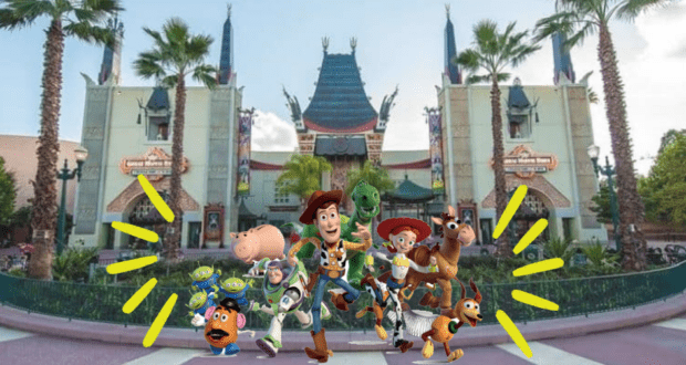 Woody, Buzz Lightyear, and other Toy Story favorites pose along bright yellow lines in front of the iconic Chinese Theatre at Disney’s Hollywood Studios, while the lively Green Army Drum Corps marches past, filling the park with extra Disney magic.