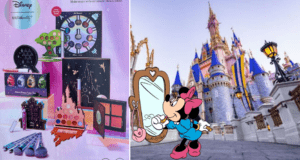 Ulta Disney makeup set displayed on the left; Minnie Mouse gets ready for a magical day, applying lipstick in front of her mirror with Cinderella Castle in the background on the right.