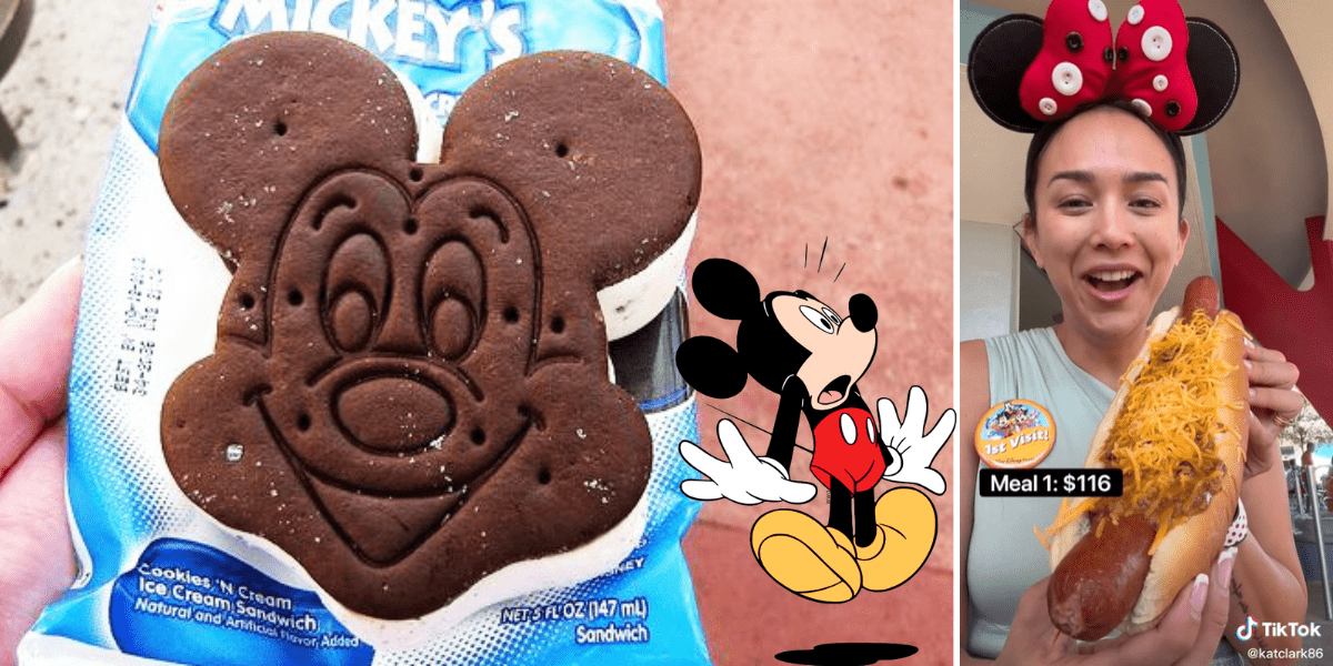 Mickey Mouse ice cream, classic Mickey cartoon imagery, and a smiling Disney guest sporting Minnie ears while enjoying a cheesy hot dog showcase the magical treats and fun-filled vibes that define the Disney World Food Cost experience.