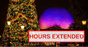 The iconic Disney Christmas tree sparkles beside a glowing dome under the night sky, while a bold red “HOURS EXTENDED” sign welcomes guests to more magical moments during Walt Disney World’s festive holiday season.