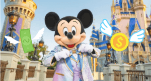 Mickey Mouse dressed in a sharp suit stands at the iconic Disney castle, surrounded by whimsical illustrations of cash and coins flying through the air, capturing the thrill of uncovering exclusive perks at Walt Disney World.