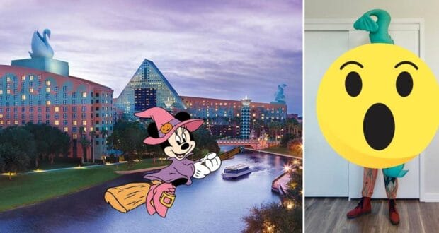 Left: The Walt Disney World Swan and Dolphin decked out for Halloween with Minnie Mouse in a witch costume. Right: A visitor shows off their costume, reacting with a shocked emoji face.