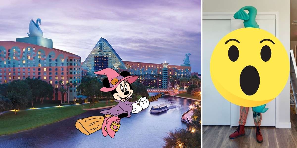 Left: The Walt Disney World Swan and Dolphin decked out for Halloween with Minnie Mouse in a witch costume. Right: A visitor shows off their costume, reacting with a shocked emoji face.